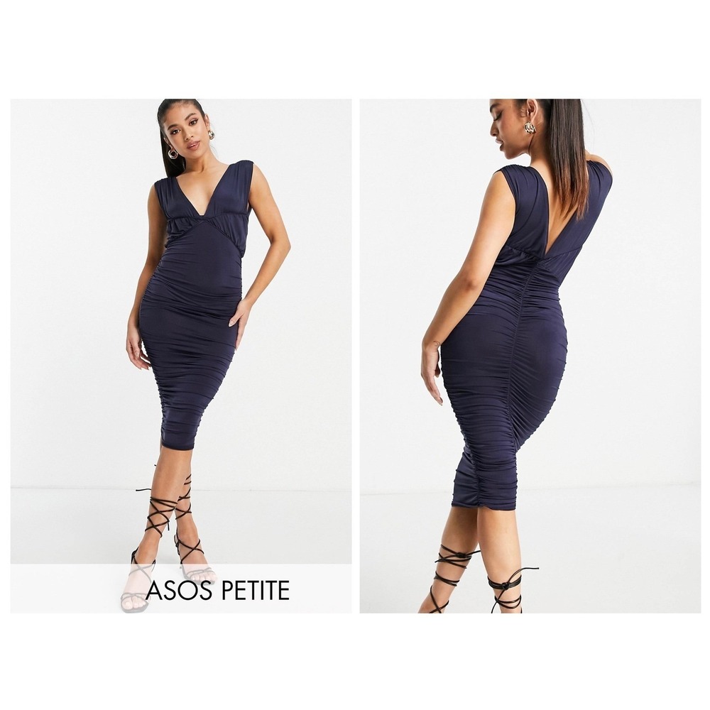 ASOS Design Date Night Ruched Bodycon Dress 10 Petite Navy Blue V-Neck Midi